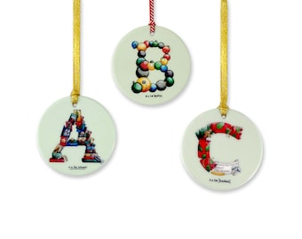 A-Z Christmas Tree Ornaments.  Ceramic Ornament for the Christmas Tree - Alphabet Decoration, Unique Tree Decor and New Baby Ornament