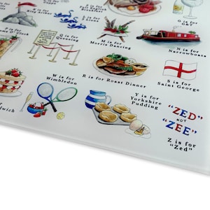 A Very English Alphabet Glass Cutting Board. Chopping Board Housewarming Gift or Leaving Gift England UK. Britain gift, British Gifts UK zdjęcie 5