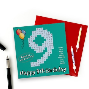 Karte zum 9.Geburtstag. Lustige Kindergeburtstagskarte - Wortsuche, alles Gute zum Geburtstag Zahl 9 Karten. Jungen 9. Geburtstagskarte, Mädchen 9. Geburtstagskarte