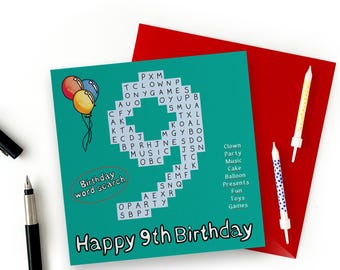 9th Birthday Card. Fun Kids Birthday Card - Word Search, Happy Birthday Number 9 Cards. Boys 9th Birthday Card, Girls 9th Birthday Card