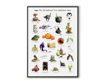 May include: A colorful alphabet poster with illustrations of Halloween-themed objects, such as a black cat, a cauldron, a vampire, a full moon, a jack-o-lantern, a haunted house, a ghost, a witch, a spider, a bat, a werewolf, a zombie, and more. The poster is titled "The All Hallows' Eve Alphabet".