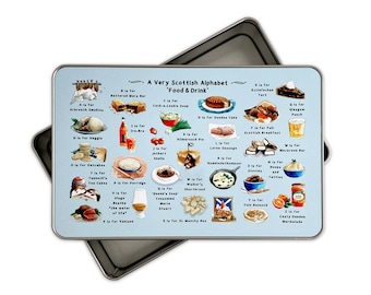 Scottish Alphabet 'Food & Drink' Metal Storage Tin. Scottish Food Gift Him/Her. Scotland Gift Tin, Scottish New Home Gifts, Scottish Gifts