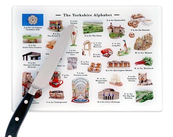 Yorkshire Alphabet Glass Cutting Board. Yorkshire New Home Gift. South Yorkshire Gift, North Yorkshire Gifts. West Yorkshire Chopping Board