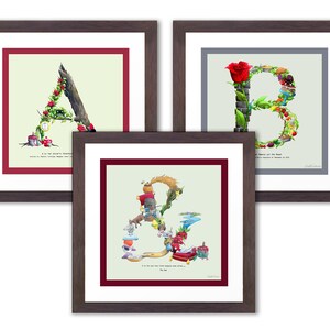 May include: Three framed prints of letters A, B, and C, each letter is made up of illustrations from classic fairy tales. The letter A is green and red with a clock, a mushroom, and a tree. The letter B is red and green with a rose, a brick wall, and a basket of fruit. The letter C is red and green with a castle, a bird, and a crown.