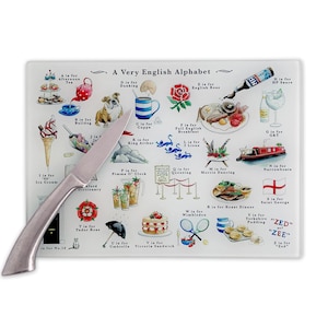 English Alphabet Cutting Board. Glass Chopping Board New Home Gift or Leaving Gift England UK. Britain gift, British Gifts UK. Expat Gifts