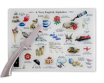 English Alphabet Cutting Board. Glass Chopping Board New Home Gift or Leaving Gift England UK. Britain gift, British Gifts UK. Expat Gifts