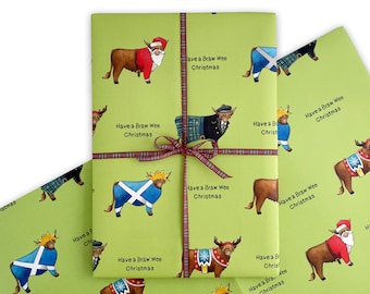 Highland Cow Christmas Wrapping Paper. Scottish Gift Wrap - Recyclable. Scotland Cow Wrapping Paper Sheet. Highland Cows Xmas Wrapping.