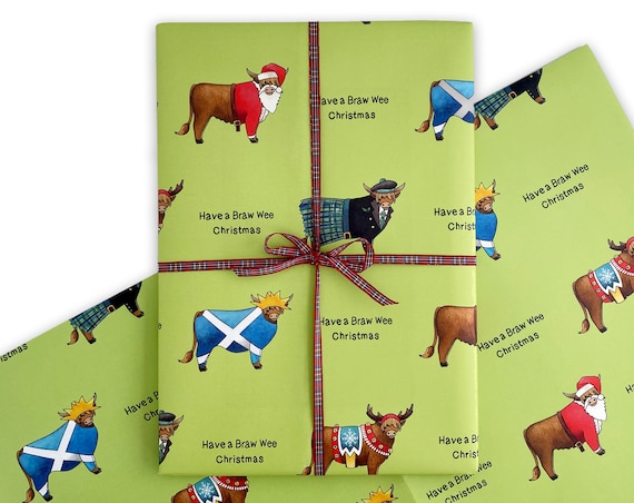 Highland Cow Christmas Wrapping Paper. Scottish Gift Wrap - Recyclable. Scotland Cow Wrapping Paper Sheet. Highland Cows Xmas Wrapping.
