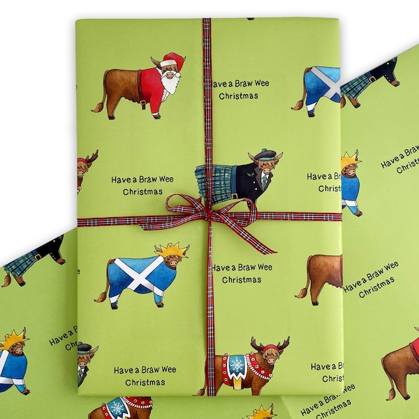 Highland Cow Christmas Wrapping Paper. Scottish Gift Wrap - Recyclable. Scotland Cow Wrapping Paper Sheet. Highland Cows Xmas Wrapping.