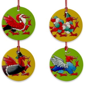 Set of 4 Welsh Dragon Christmas Tree Decorations. Welsh Christmas Decorations, Welsh Christmas Gifts, Wales Christmas Tree Decorations.