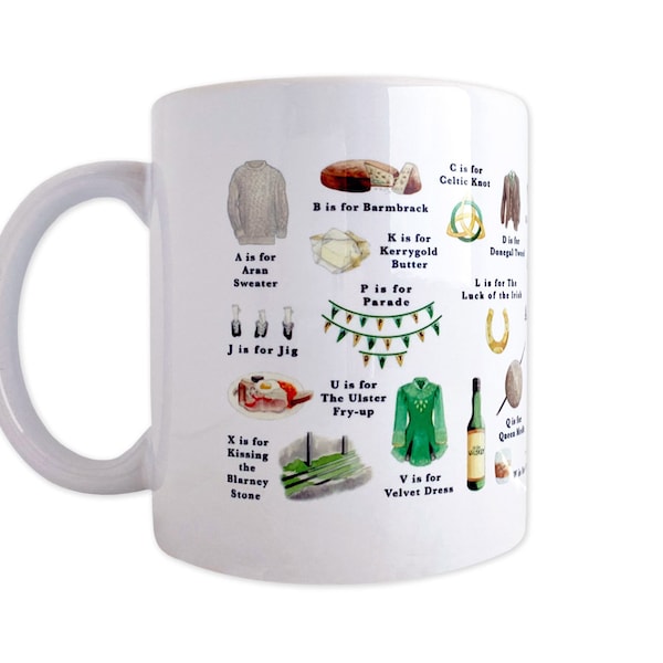 Una idea de regalo de taza irlandesa de cerámica con alfabeto muy irlandés, regalo de salida irlandesa, regalo para el nuevo hogar. Taza de Irlanda, regalos irlandeses para el día de San Patricio.