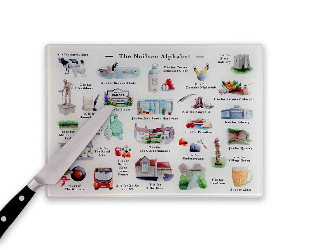 The Nailsea Alphabet Glass Cutting Board. Nailsea Gifts for New Home or Job in Nailsea UK