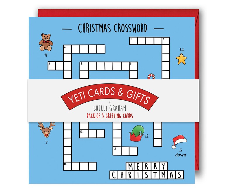 May include: A pack of 5 Christmas greeting cards featuring a blue background with a crossword puzzle and the text "Merry Christmas". The cards are designed by Shelli Graham and are part of the Yeti Cards & Gifts collection.