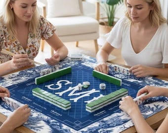 Blue Mahjong Mat - Custom Mah Jongg - Monogram Rubber Backed Table Pad - Chinoiserie Personalized Gift- Mahj Table Cover