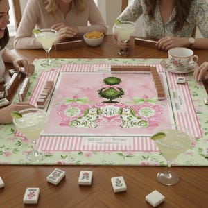 Mahjong Mat - Custom Mahjong Mat with Rules - Personalized Gift - Large Custom Table Cover, Pink & Green Topiary