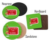 Name Personalized Christmas Coasters - Red and Green Whimsy Tree Coaster Set - Personalise Coaster Set - Christmas Tree Coaster Set
