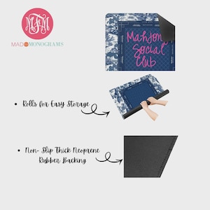 May include: A blue and white patterned Mahjong Social Club mat with a black neoprene rubber backing. The mat rolls up for easy storage. The image also includes the logo for Mad Monograms.