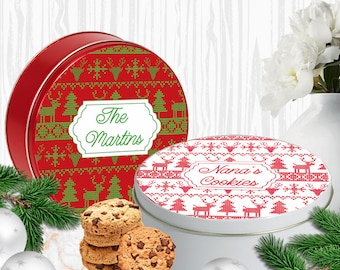 Personalized Christmas Cookie Tin: Knitted Sweater Design