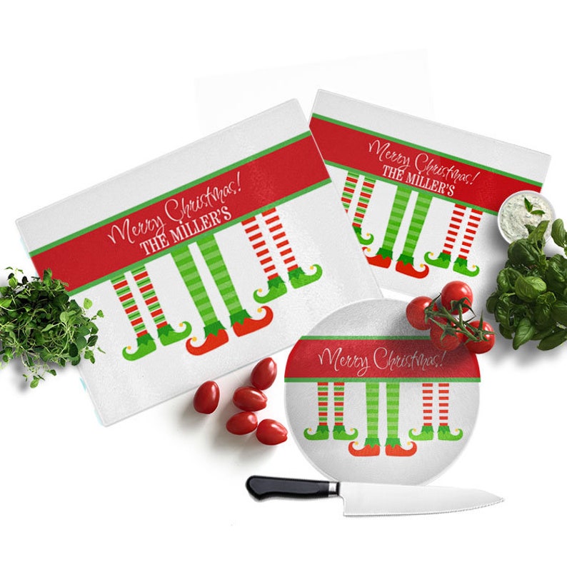 Red and Green Elf Stocking Board Christmas Cutting Board Custom Name Cutting Board Glass Cutting Board Gift for Family