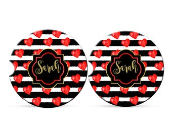 Valentine Car Coasters - Personalized Car Coaster Set - Set of 2 Absorbent Car Coasters - Valentines Day Gift - Heart Coasters