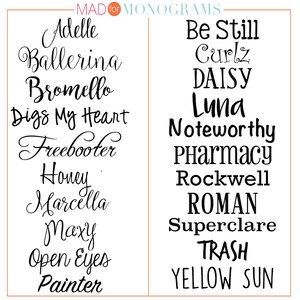 May include: A list of names written in cursive script, including "Adelle", "Ballerina", "Bromello", "Digs My Heart", "Freebooter", "Honey", "Marcella", "Maxy", "Open Eyes", "Painter", "Be Still", "Curlz", "DAISY", "Luna", "Noteworthy", "Pharmacy", "Rockwell", "ROMAN", "Superclare", "TRASH", and "YELLOW SUN".