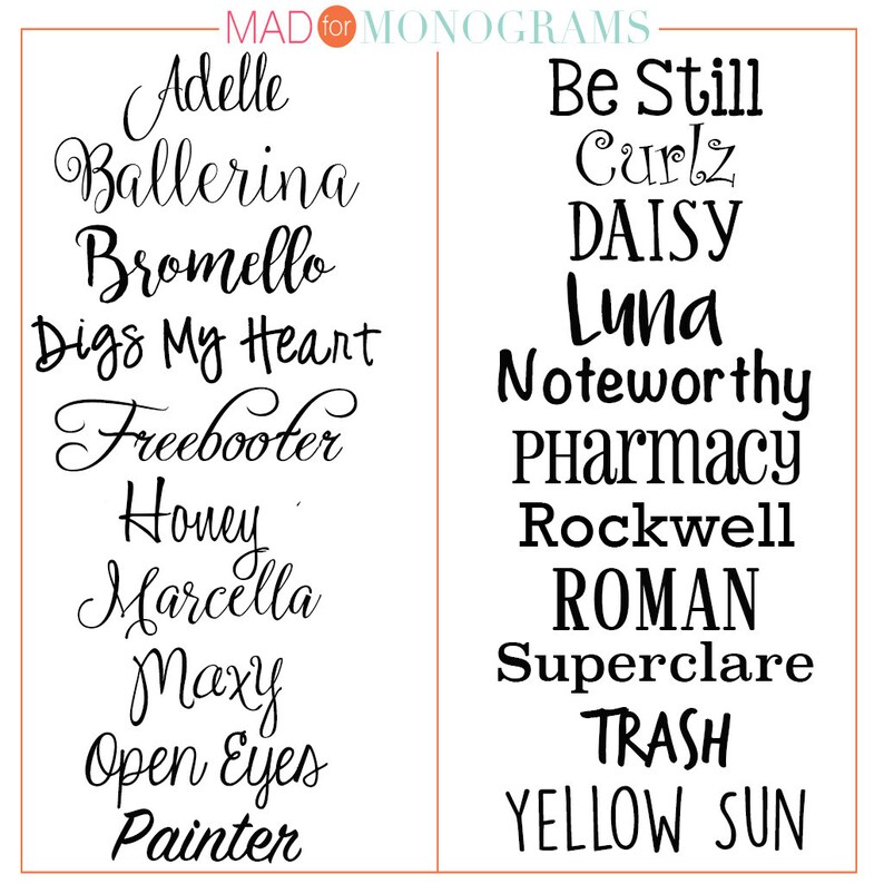 May include: A list of names written in cursive script, including "Adelle", "Ballerina", "Bromello", "Digs My Heart", "Freebooter", "Honey", "Marcella", "Maxy", "Open Eyes", "Painter", "Be Still", "Curlz", "DAISY", "Luna", "Noteworthy", "Pharmacy", "Rockwell", "ROMAN", "Superclare", "TRASH", and "YELLOW SUN".