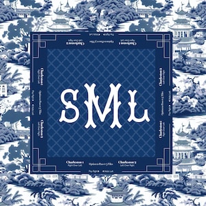 A blue and white chinoiserie patterned mahjong mat with the letters "SML" in the center. The game board has a blue and white landscape design. The game's instructions are printed around the edges.