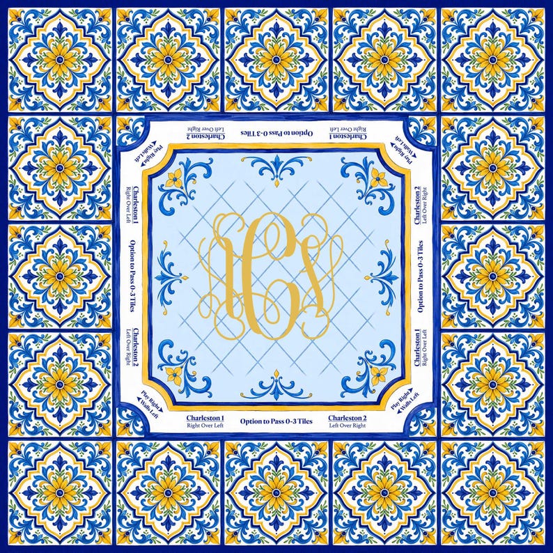 Amalfi Coast Mahjong Mat, Mediterranean Tile Mahjong Table Mat, Blue Yellow Floral Mahjong Mat, Mahjong Gift, Charleston Reminder Game Mat bild 5