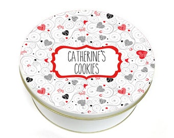 Personalized Scribble Hearts Cookie Tin - Hearts Cookie Tin - Heart Tin - Personalized Cookie Tin - Custom Baking Gift -  Round Metal Tin