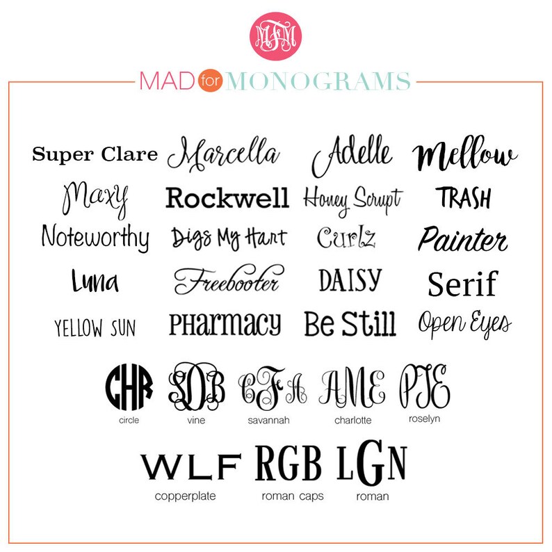 K&ouml;nnte beinhalten: Eine Tabelle mit verschiedenen Monogrammstilen mit Namen und Beschreibungen unter jedem Stil. Die Stile umfassen Kreis, Rebe, Savannah, Charlotte, Roselyn, Kupferplatte, r&ouml;mische Gro&szlig;buchstaben und r&ouml;misch.