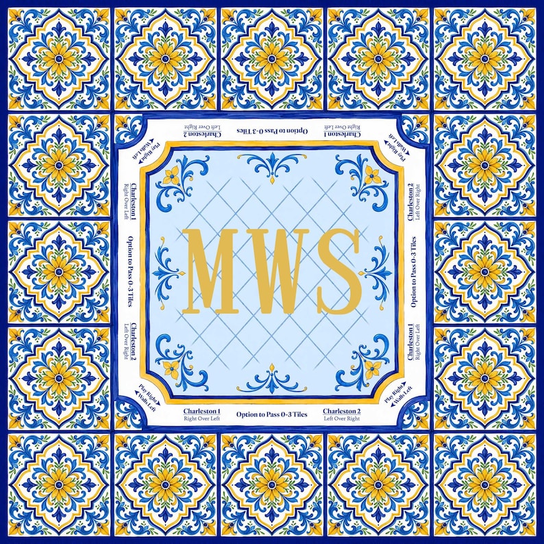 Amalfi Coast Mahjong Mat, Mediterranean Tile Mahjong Table Mat, Blue Yellow Floral Mahjong Mat, Mahjong Gift, Charleston Reminder Game Mat bild 7