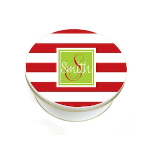 Round Cookie Tin Christmas Cookie Tin Biscuit Tin Personalized Cookie Tin Custom Christmas Gift Red Stripes with Name Tin image 1