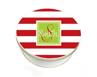 Round Cookie Tin - Christmas Cookie Tin - Biscuit Tin - Personalized Cookie Tin - Custom Christmas Gift - Red Stripes with Name Tin