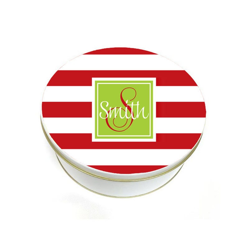 Round Cookie Tin Christmas Cookie Tin Biscuit Tin Personalized Cookie Tin Custom Christmas Gift Red Stripes with Name Tin image 1