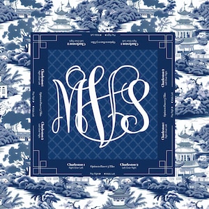 A blue and white patterned fabric with a central monogram in white. The fabric features a repeating Asian-inspired landscape design. The monogram includes the letters N, F, and S. The border includes text that reads "Charleston 1" and "Charleston 2".