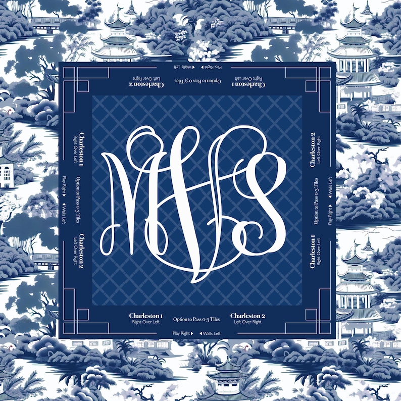 A blue and white patterned fabric with a central monogram in white. The fabric features a repeating Asian-inspired landscape design. The monogram includes the letters N, F, and S. The border includes text that reads "Charleston 1" and "Charleston 2".