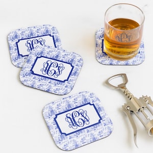 Monogrammed Chinoiserie Coaster Set – Personalized Blue and White Toile Pattern