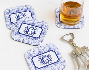 Monogrammed Chinoiserie Coaster Set – Personalized Blue and White Toile Pattern