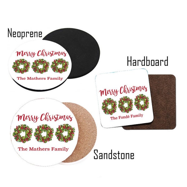 Christams Coaster Set - Personalized Wreath Coaster - Personalized Christmas Wreath Coaster with Name - Personalized Gifts for Christmas