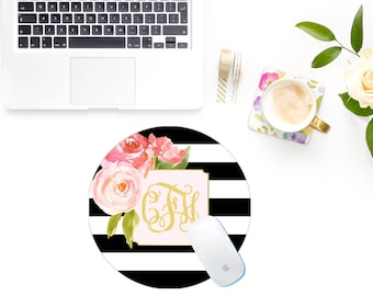 Monogrammed Mousepad - Preppy Mousepad - Black and White Floral Mousepad