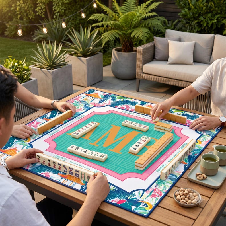 May include: A group of people playing Mahjong on a wooden table outdoors. The game board has a teal center with a large orange "M" and a pink border. The board is surrounded by a floral design. Mahjong tiles are arranged on the board.