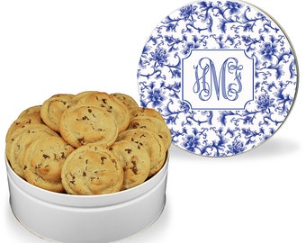 Bloom Chinoiserie Cookie Tin - Round Treat Tin - Biscuit Tin - Personalized Cookie Tin - Baking Gift - Blue and White Chinoiserie Storage