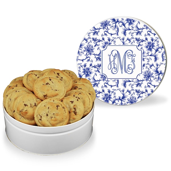 Personalized Chinoiserie Cookie Tin: Blue & White Floral Treat Tin
