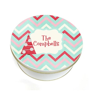 Christmas Tree Chevron Cookie Tin - Christmas Cookie Tin - Biscuit Tin - Personalized Cookie Tin - Custom Baking Gift -  Round Metal Tin