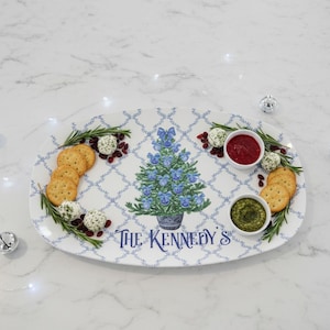 Personalized Grandmillennial Christmas Tree Platter - Custom Family Name Cookie Tray - Blue and Green