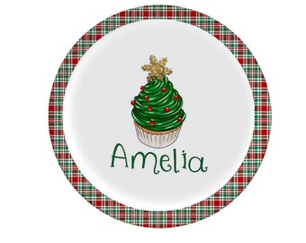 Christmas Melamine Plate -Personalized Melamine - Tartan Cupcake Plate - Melamine Plate - Kids Plates For Christmas