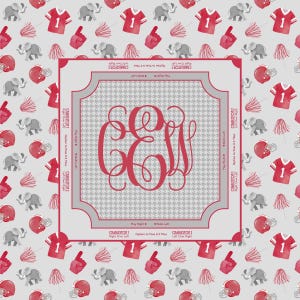 May include: A patterned design featuring football-themed illustrations. The design includes red football jerseys, helmets, and foam fingers, along with gray elephants and pom-poms. A central frame displays a monogram in red.