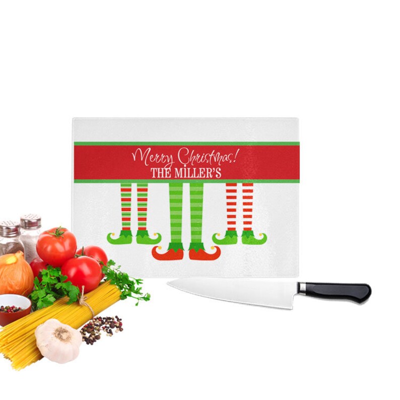 Red and Green Elf Stocking Board Christmas Cutting Board Custom Name Cutting Board Glass Cutting Board Gift for Family