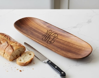 Wood Bread Tray - Personalized Monogram Serving Tray-Engraved Acacia Wood