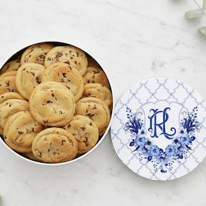 Monogram Cookie Tin -Blue Floral Custom Personalized Storage Container